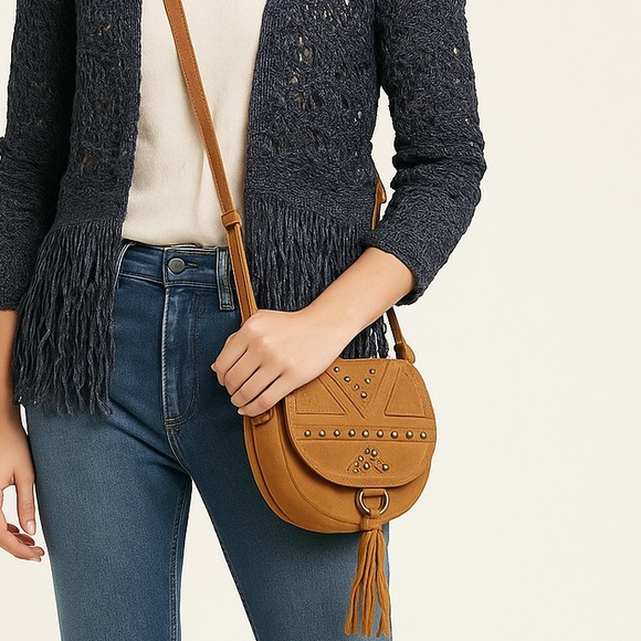 Lucky Brand Studded Suede & Leather Crossbody Bag with Tassel – Cognac Brown NWT - Picture 1 of 8